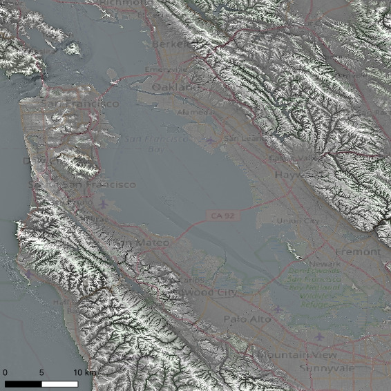 The Bay Area: map with terrain; press/hover for annotations